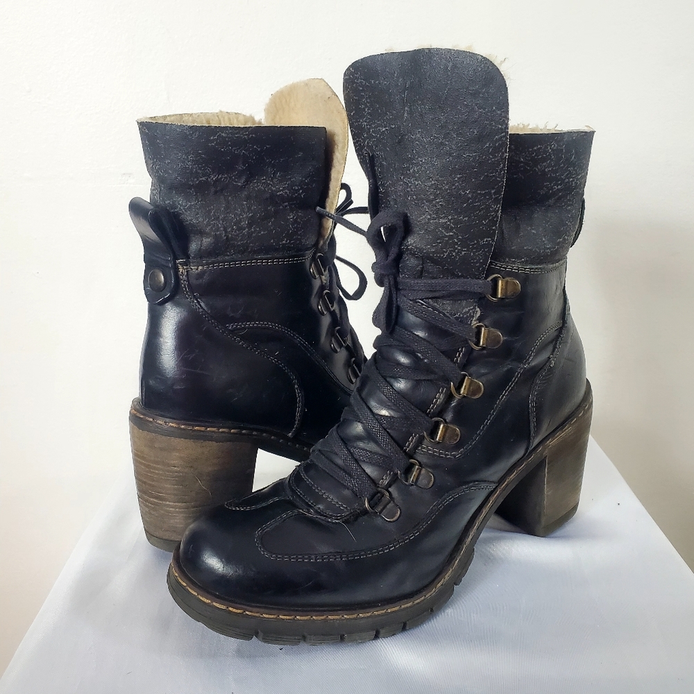 Aldo Black Lace-Up Shearling-Trim Heel Boots